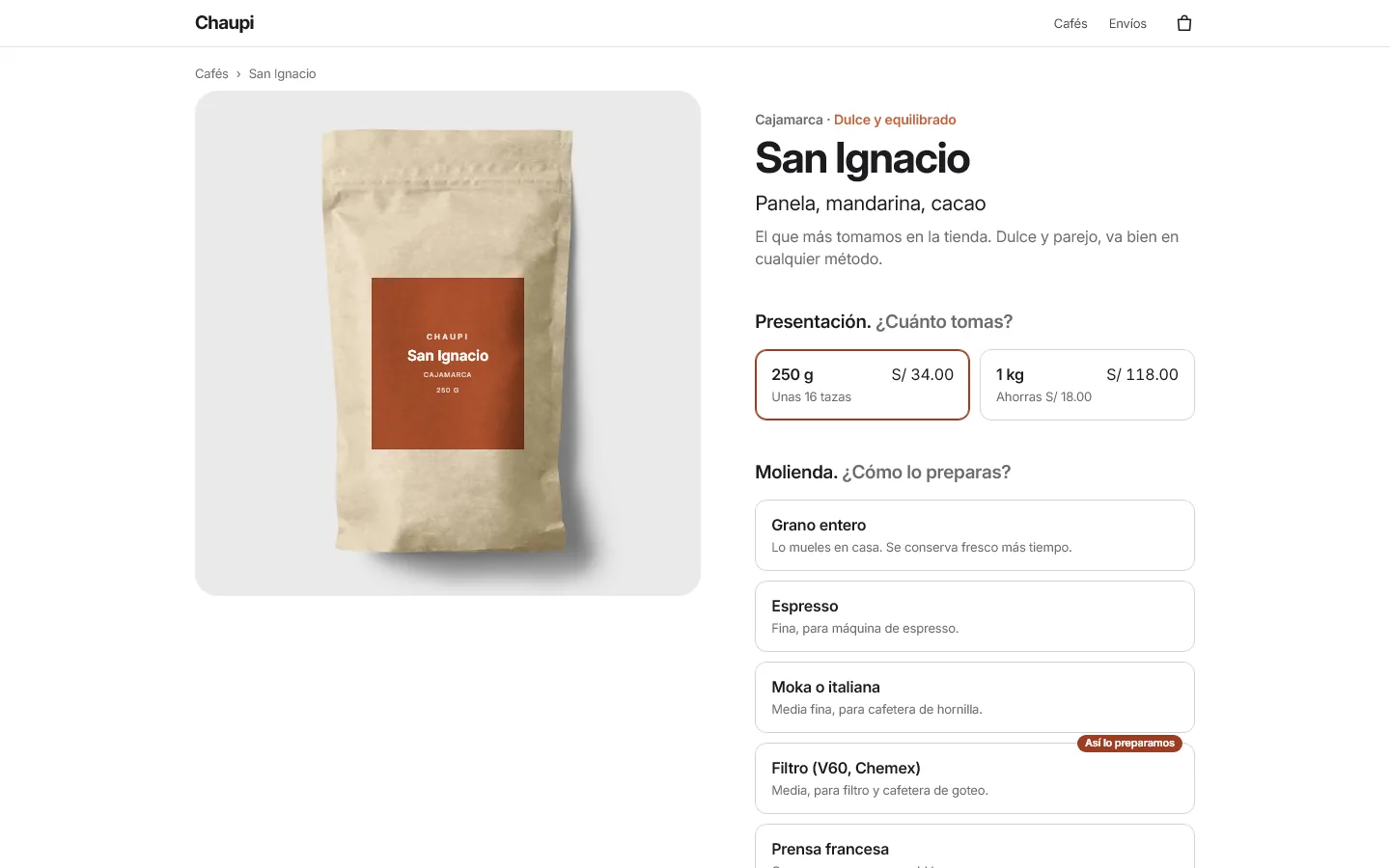 Página de un café: presentación y molienda elegidas como tarjetas