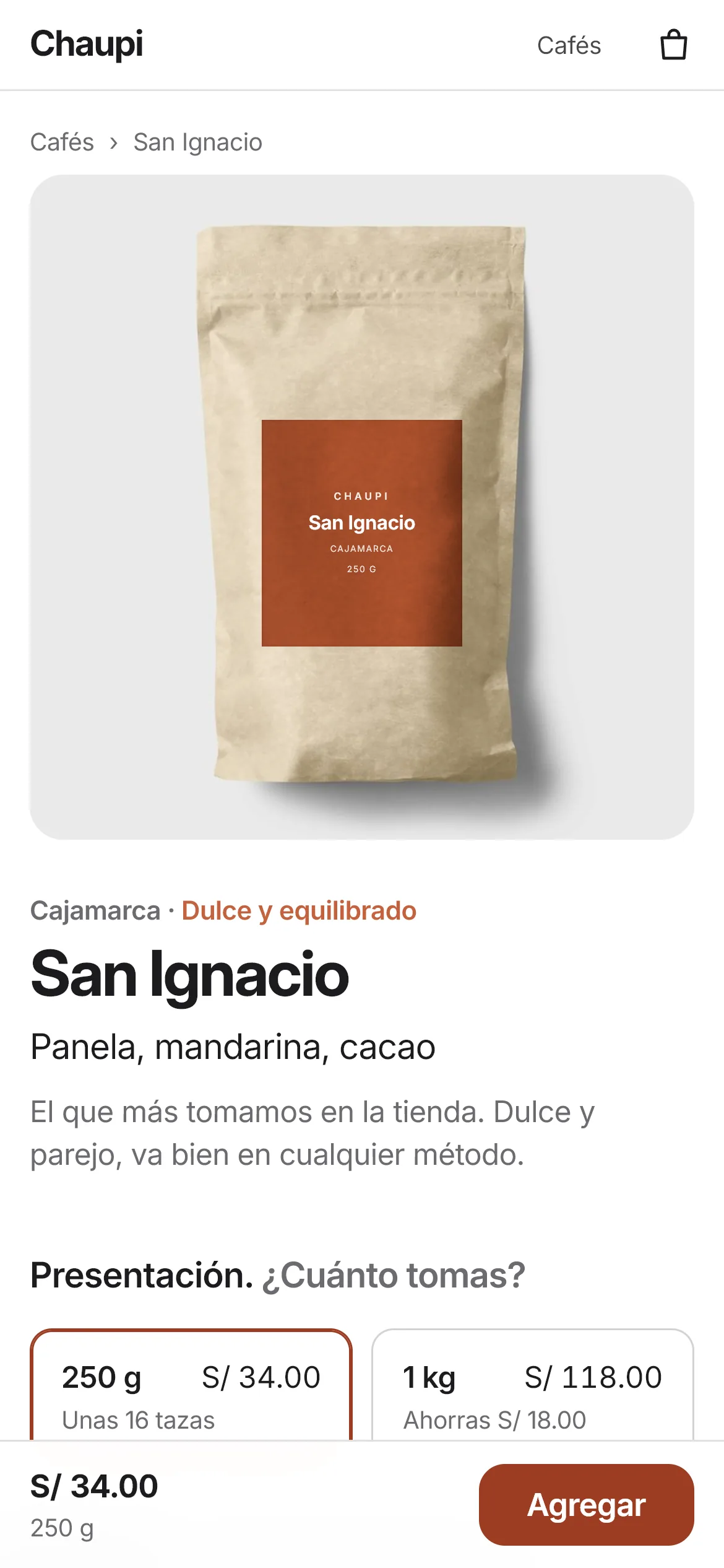 La página del café en un celular, con el precio y el botón fijos abajo