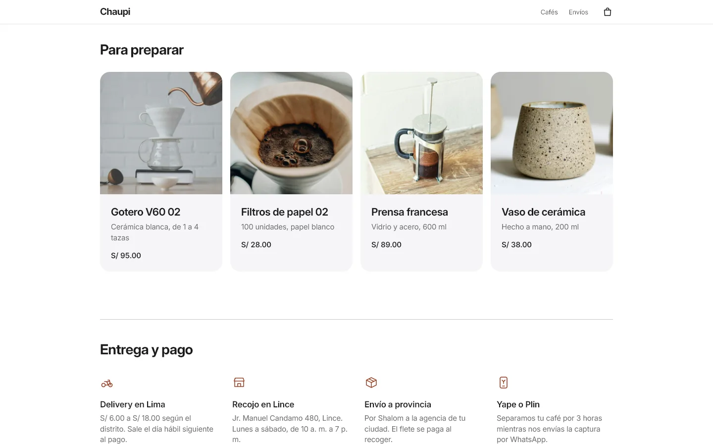 Accesorios para preparar café y formas de entrega y pago