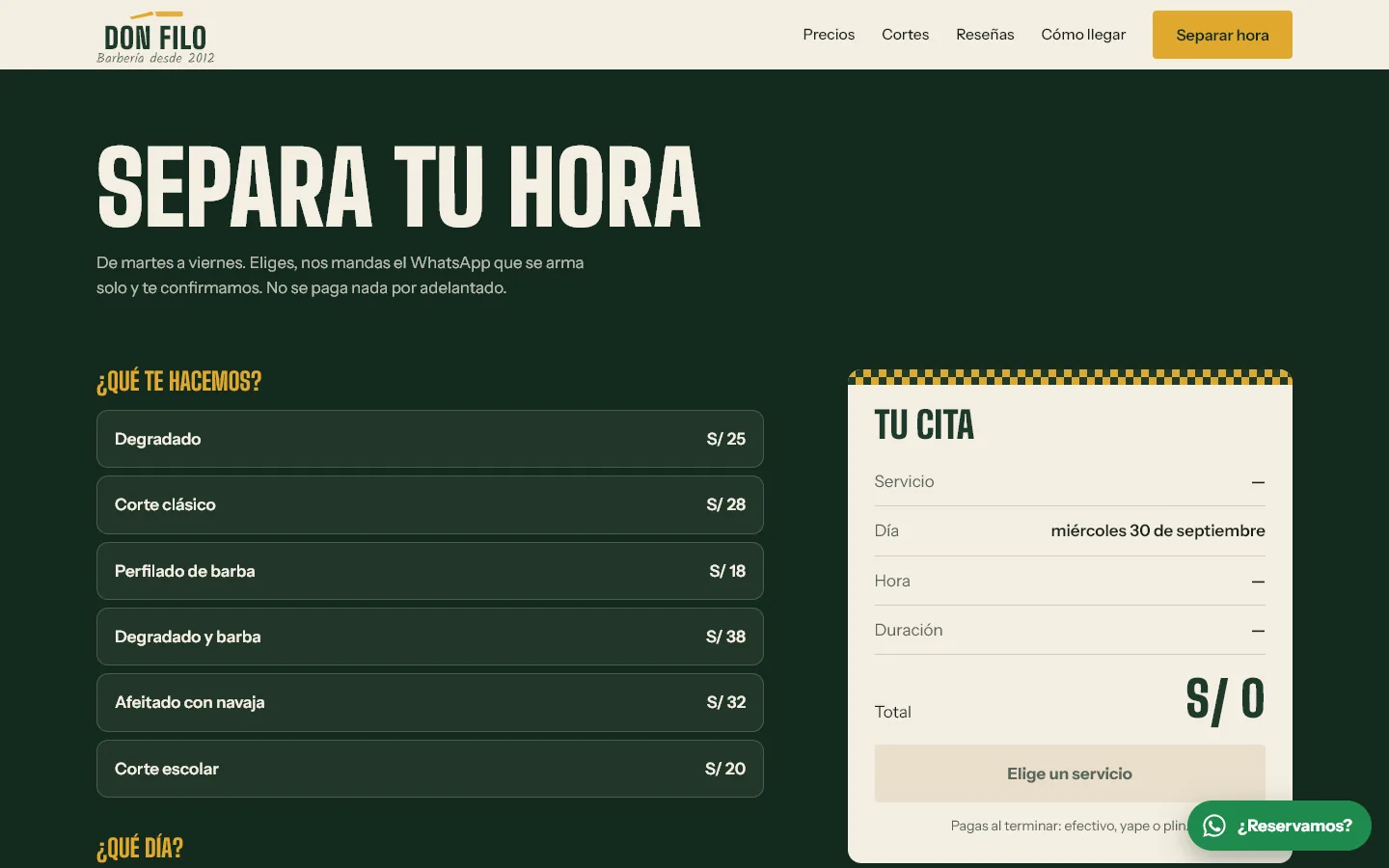Reserva: lista de servicios con precio y resumen de la cita