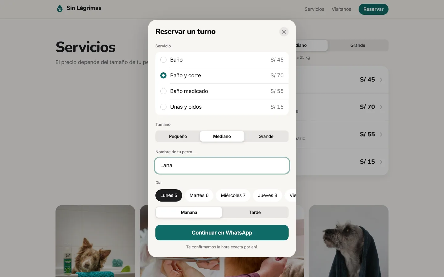 Reserva: servicio, tamaño, nombre del perro, día y turno