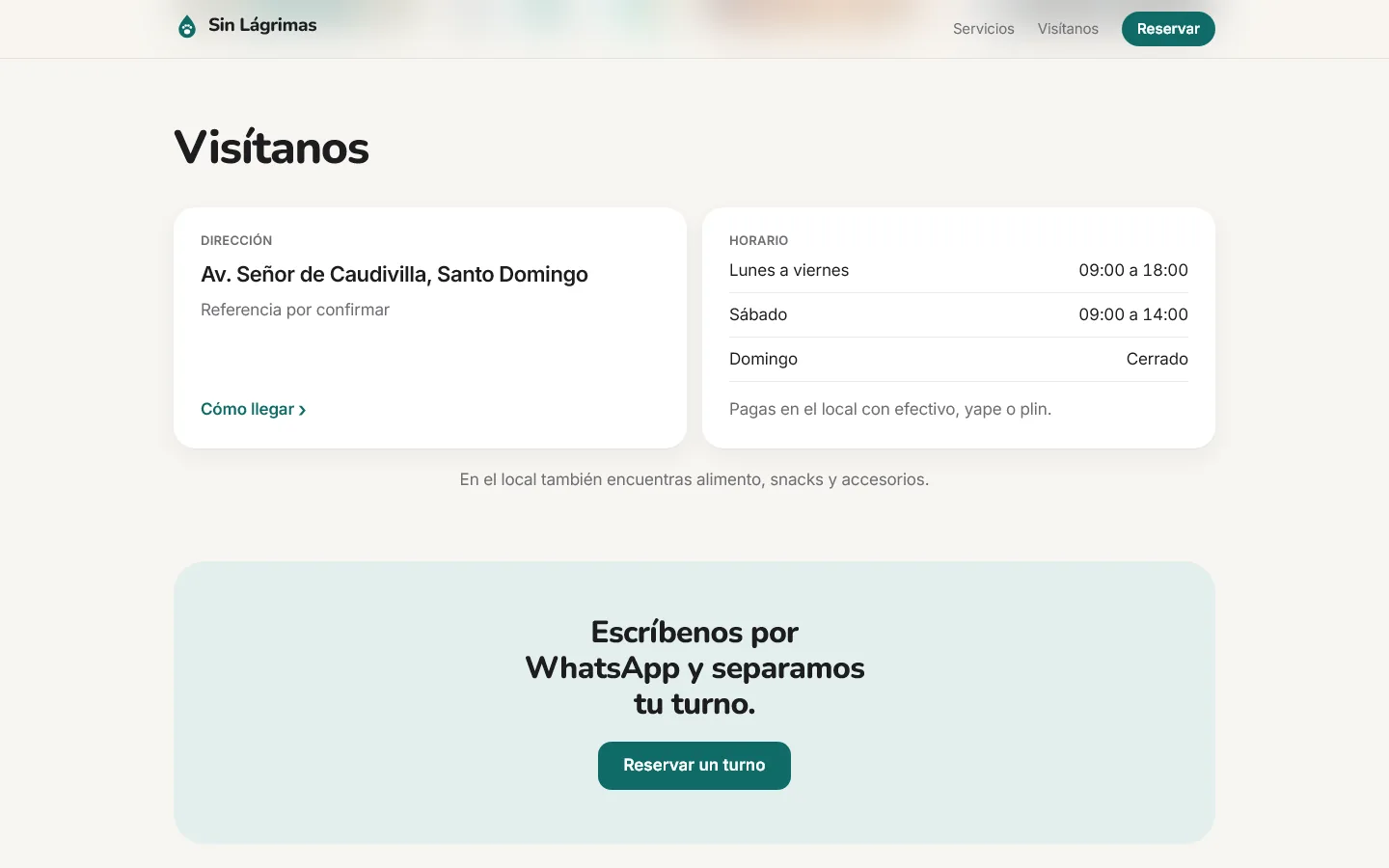 Visítanos: dirección, horario y botón para reservar